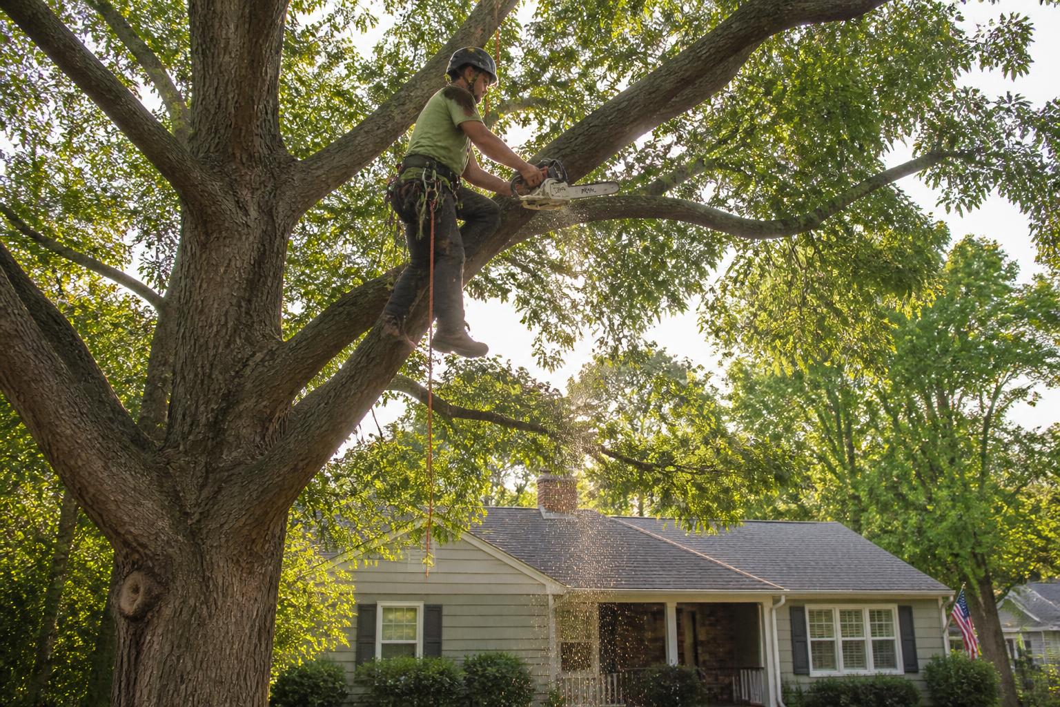 An arborist pruning a large tree in a residential front yard